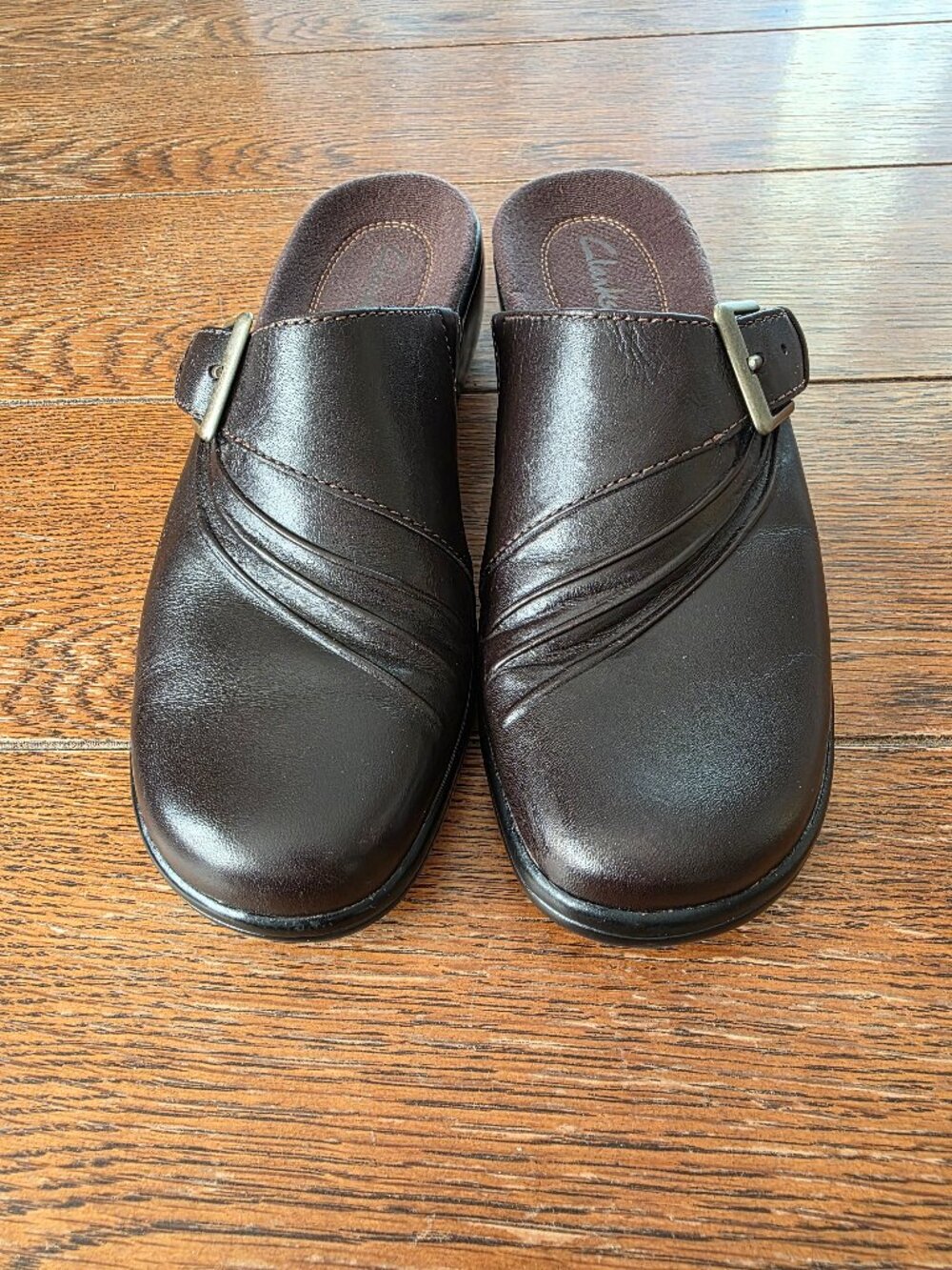 Clarks Brown Leather Buckle Clog Mules - Size 7M